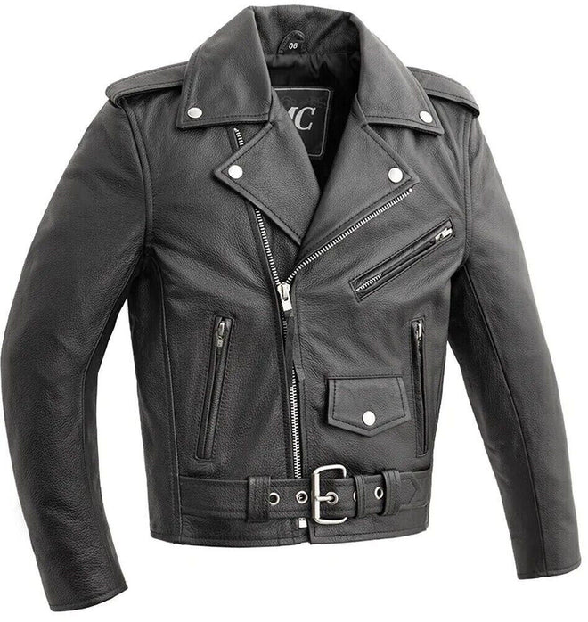 Kids' plain motorcycle leather jacket by Buffalo Leather Gear, classic kids' leather jacket for boys and girls, durable and stylish.