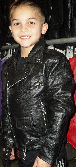 Kids leather motorcycle jacket with side lace details from Buffalo Leather Gear, classic biker style for boys and girls.