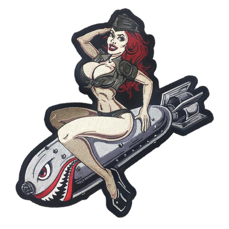 Lethal Threat Bombs Away Pin Up patch with military-inspired design, featuring bold colors and detailed embroidery.