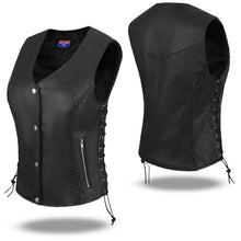 HL14856BRAIDED WOMEN BLACK VEST SIDE LACE M/O BUFFALO LEATHER - HighwayLeather