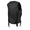 Back of women's black leather fringe vest showing V-yoke and side lacing