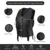 Close-up callouts of women's fringe vest: V-neck, snap closure, side fringe and zippered hand pockets