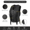 Feature callouts of women's black buffalo leather vest: lining, stitching and side laces
