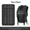 Women's fringe leather vest size chart, chest sizes XS 34 in to 5XL 50 in