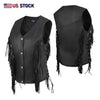 Women's black leather fringe vest, front and back view