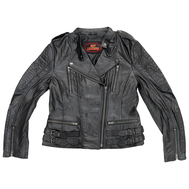 Hot Leathers women's black leather jacket with side buckles, lightweight design, perfect for stylish casual wear.