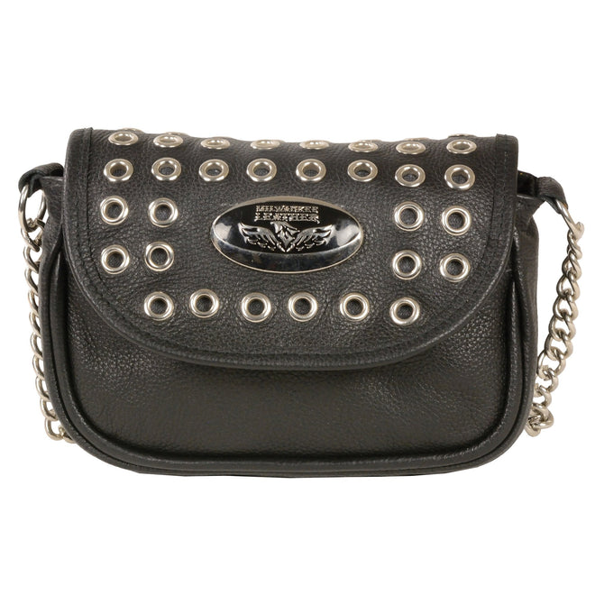 Milwaukee Leather black leather shoulder bag with chain strap, designed for ladies, featuring a stylish and functional accessory.