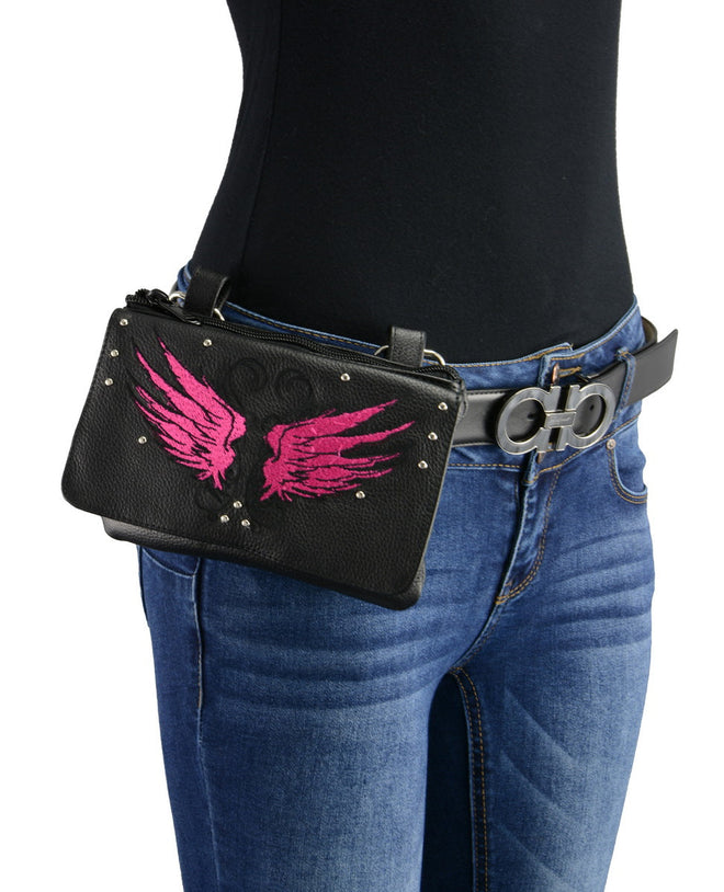 Milwaukee Leather pink winged leather belt bag with multiple pockets, designed for women, featuring black and pink accents.