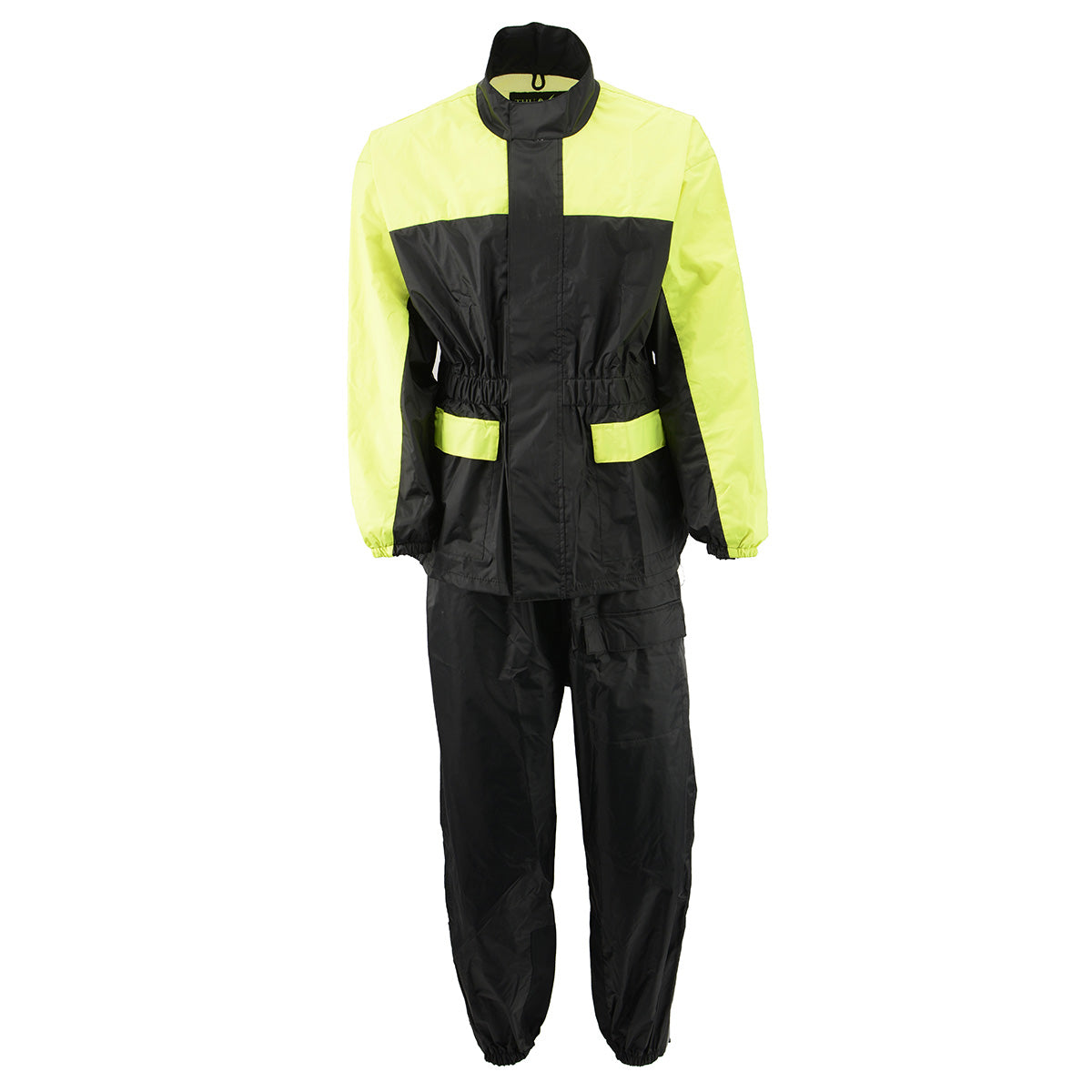 Milwaukee Leather women's yellow and black waterproof rain suit with cinch sides, high-visibility hi-viz rain gear for women.