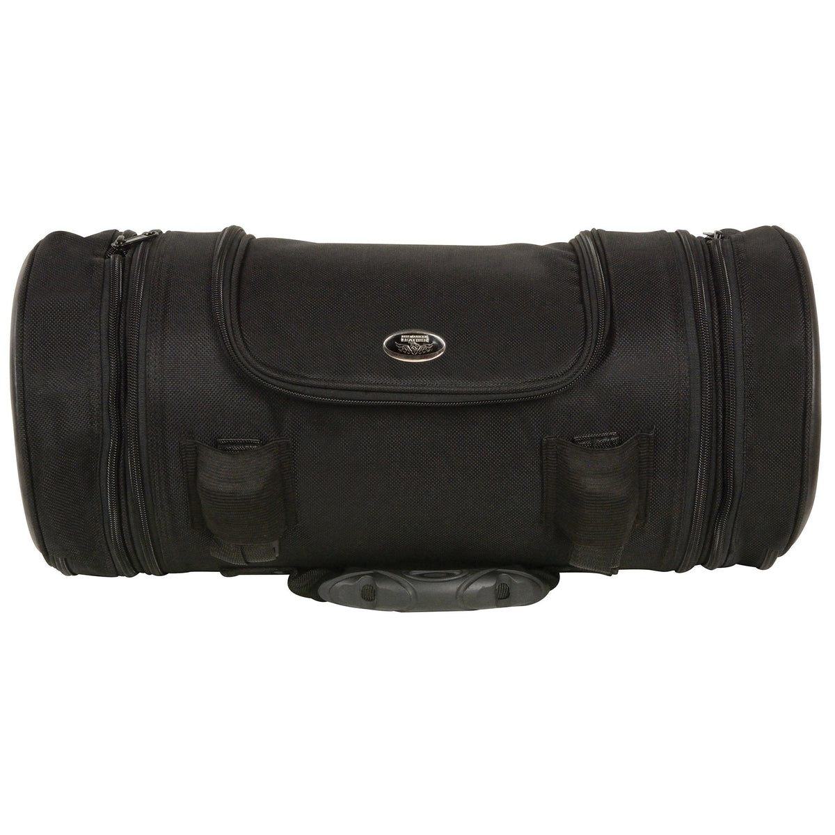 Milwaukee Leather MP8135 large black textile motorcycle sissy roll bag with straps and buckles, designed for biker travel storage.