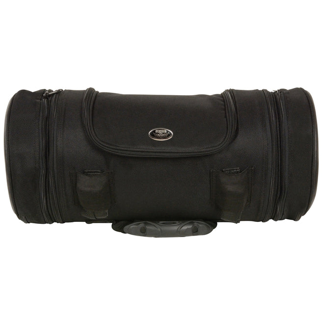 Milwaukee Leather MP8135 large black textile motorcycle sissy roll bag with straps and buckles, designed for biker travel storage.