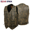 Buffalo Leather Gear men's charcoal brown Hamilton washed leather motorcycle vest with beige accents, front zipper, and multiple pockets.