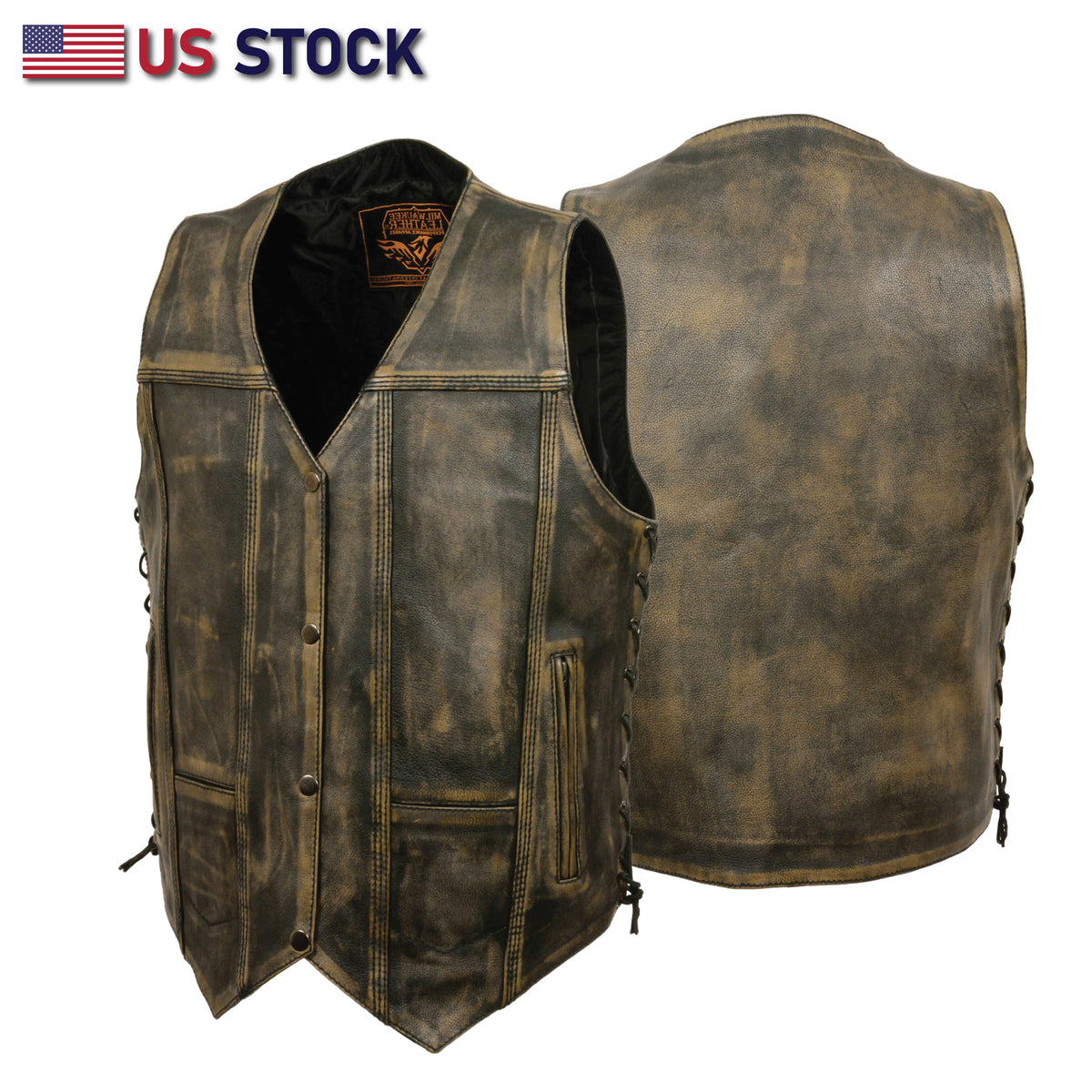 Buffalo Leather Gear men's charcoal brown Hamilton washed leather motorcycle vest with beige accents, front zipper, and multiple pockets.