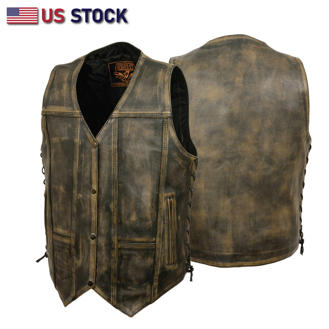 Buffalo Leather Gear men's charcoal brown Hamilton washed leather motorcycle vest with beige accents, front zipper, and multiple pockets.