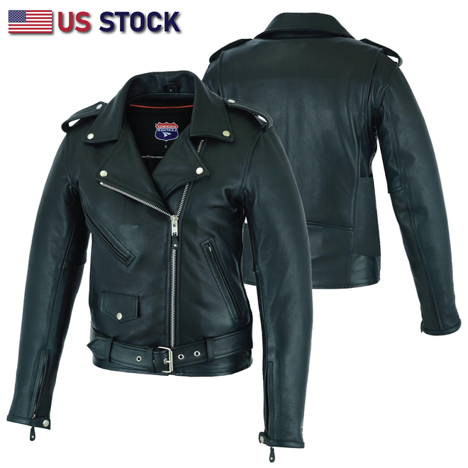 Buffalo Leather Gear men's classic MC leather jacket with plain sides, featuring a timeless design and durable leather construction.