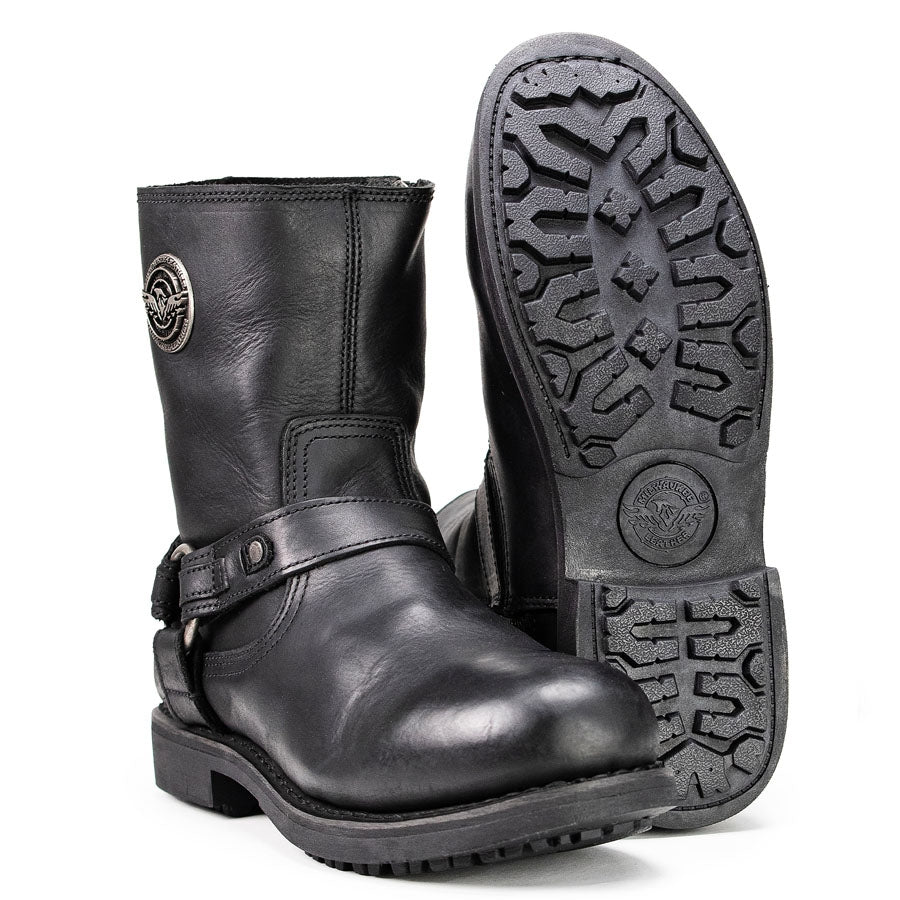 MBM9042 Men's Black Ruf Leather Short Harness Motorcycle Boots w/ Inside Zipper