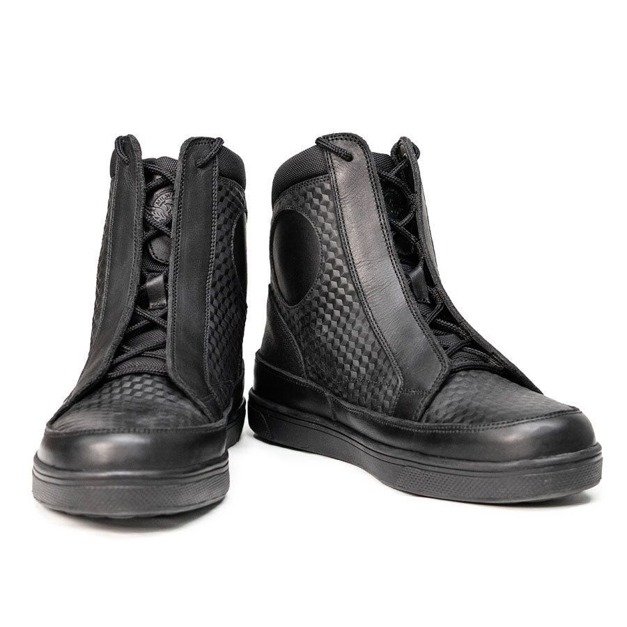 MBM9104 Men's Black Leather Diamond Patterned Reinforced Street Biker Riding Shoes w/ Ankle Support