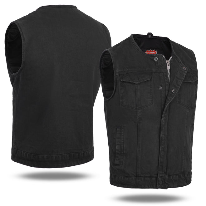 Men's black denim vest with no collar, club style design by Buffalo Leather Gear, featuring a sleek casual look.