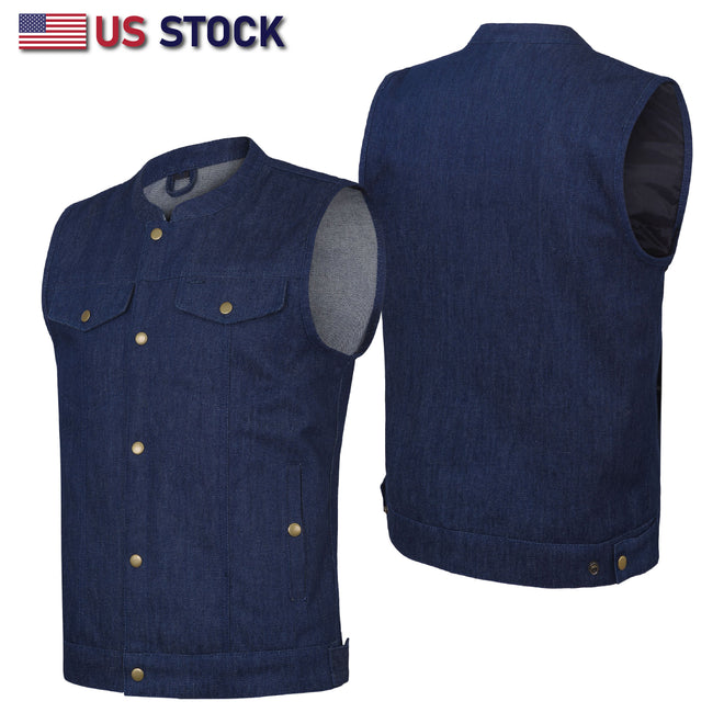 Men's blue denim vest by Buffalo Leather Gear featuring a club cut outlaw biker style with cut-out details.
