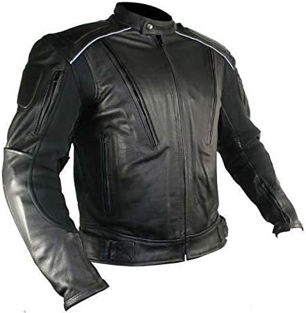 Buffalo Leather Gear men's black Frenzy armored leather motorcycle jacket with protective armor and stylish design.