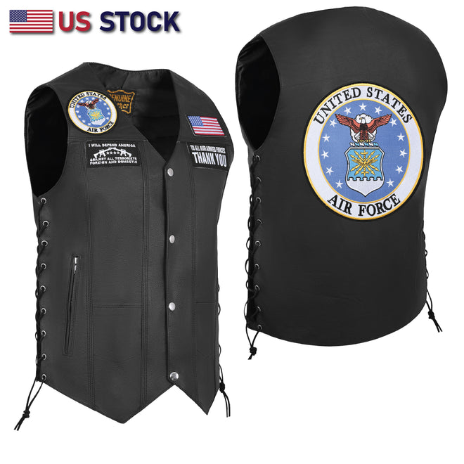 Black men's genuine leather motorcycle vest with 7 pockets, featuring Airforce design by Buffalo Leather Gear.