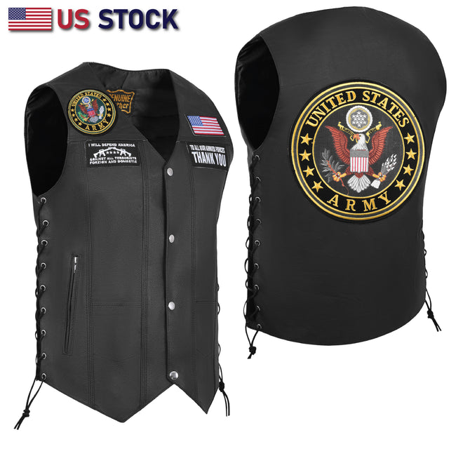 Buffalo Leather Gear men's black genuine leather motorcycle vest with seven pockets, designed for bikers and motorcycle enthusiasts.