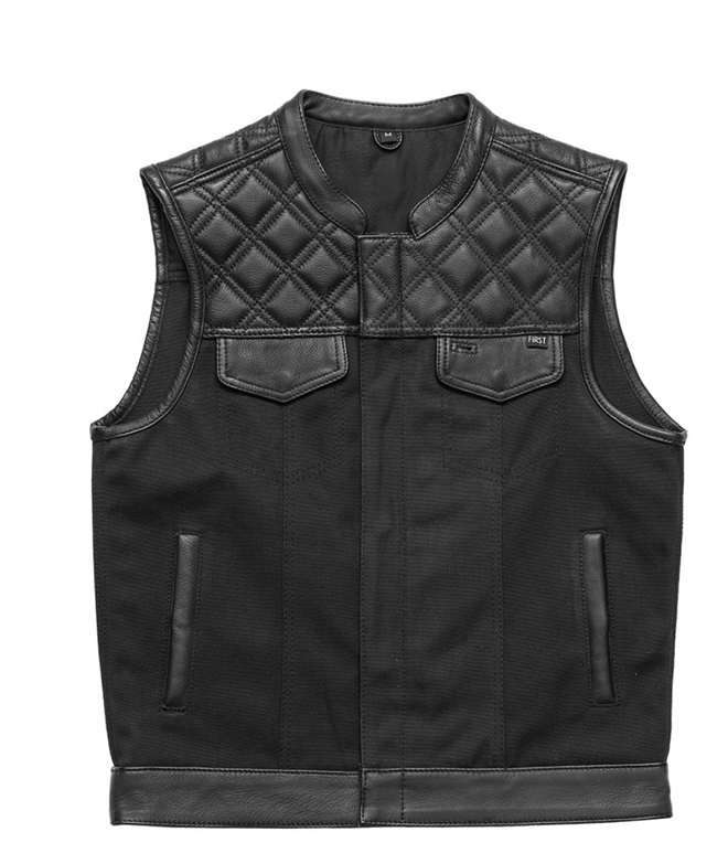 Men's black cross-stitch vest with half leather and canvas panels, ideal for motorcycle riding, by Buffalo Leather Gear.