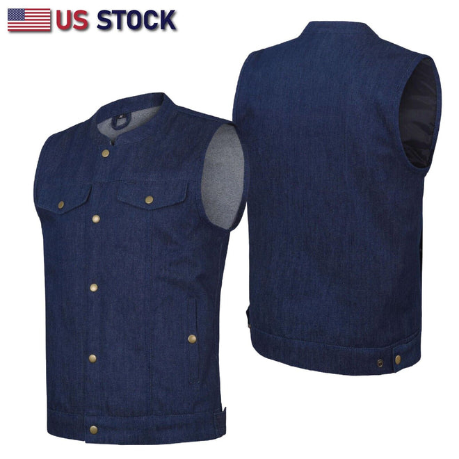 Biker Club-Style Blue Denim Anarchy Vest with Utility Pockets on Both Sides | HL21689BLUE