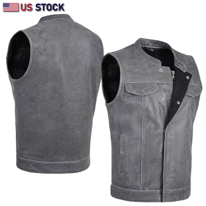 Men’s Gray SOA Anarchy Leather Motorcycle Biker Club Vest – Utility Pockets – HL11689
