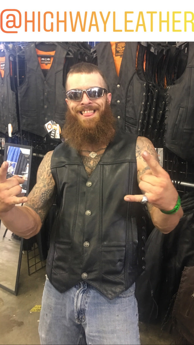 Unlined black lightweight leather vest for men by Buffalo Leather Gear, designed for motorcycle riding and casual wear.