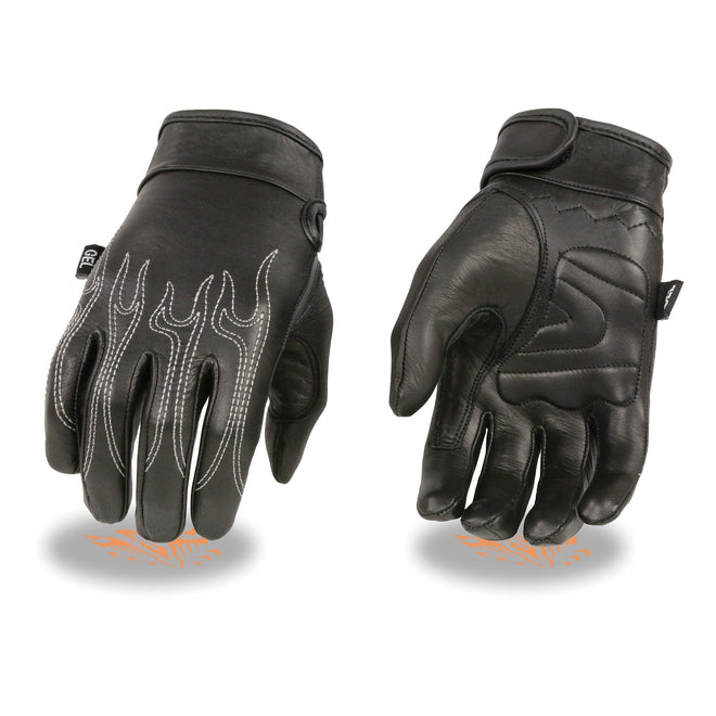 Milwaukee Leather men's white flames leather cruising gloves with gel palm, featuring detailed flame design and snug fit.