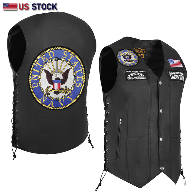 Men's black genuine leather motorcycle biker vest with seven pockets, from Buffalo Leather Gear, in navy and black with Anarchy SOA design.