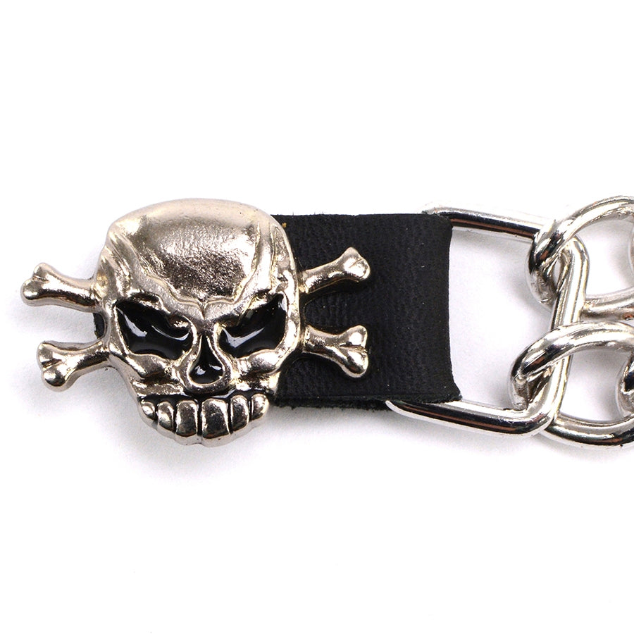 MLA1004 VEST EXTENDERS Single Skull and Cross Bones Vest Extender Double Chrome Chains w/ Genuine Leather 4" Extension - HighwayLeather