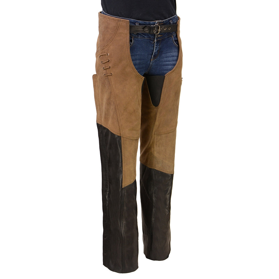 Milwaukee Leather women's 2-tone beige and black motorcycle riding chaps with leather construction and secure fit.