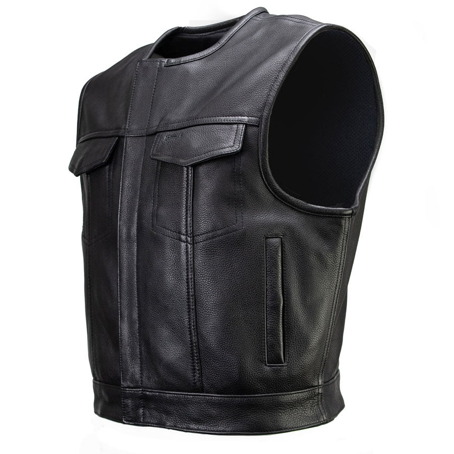 Milwaukee Leather men's black leather biker vest with a low-key, premium club style design, featuring a sleek, fitted look.