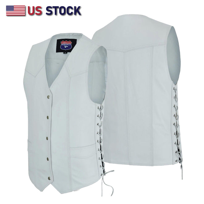 Men's white leather vest with side laces from Buffalo Leather Gear, featuring a traditional style and front button closure.