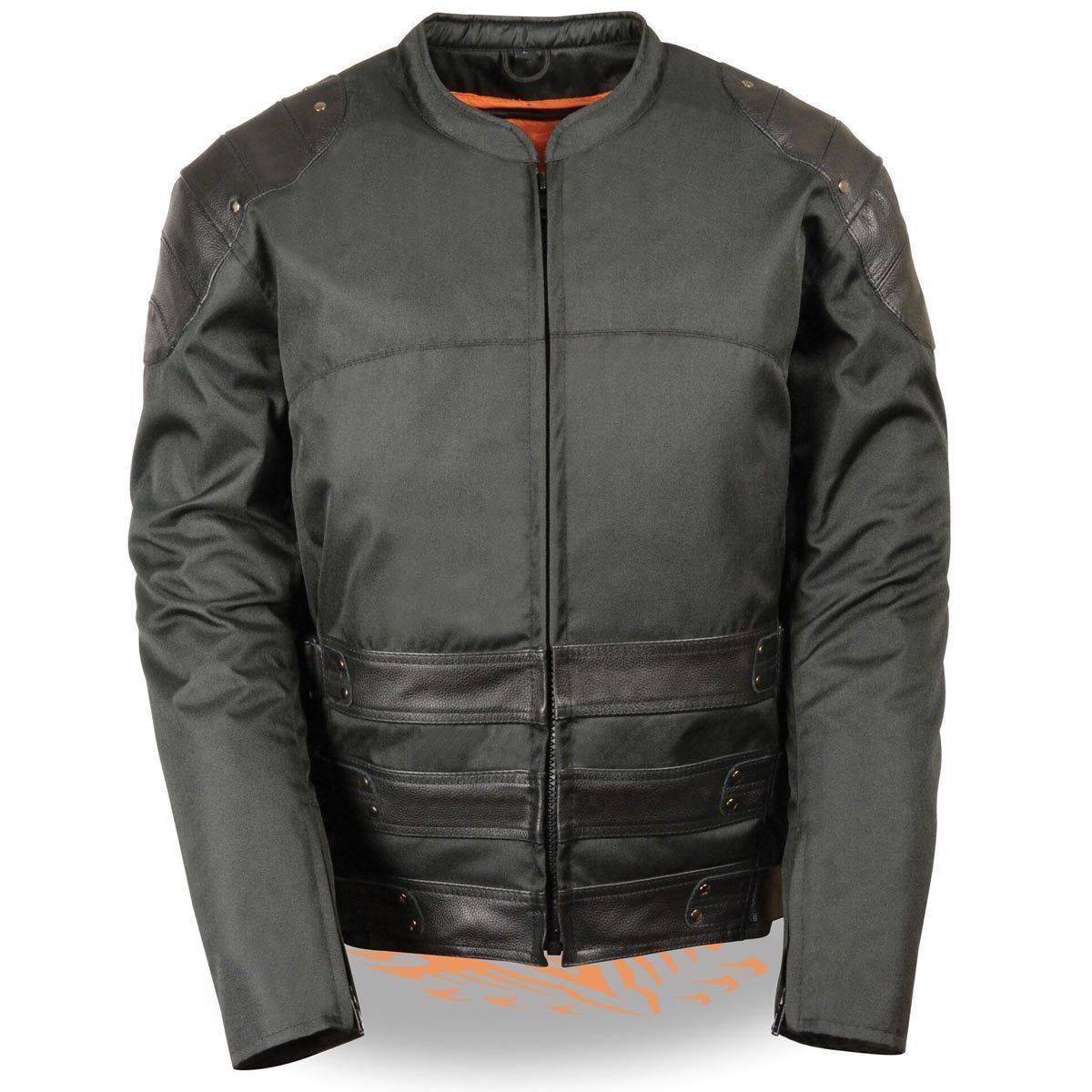 Milwaukee Leather men's assault style black leather and textile motorcycle jacket, featuring a sleek design and protective features