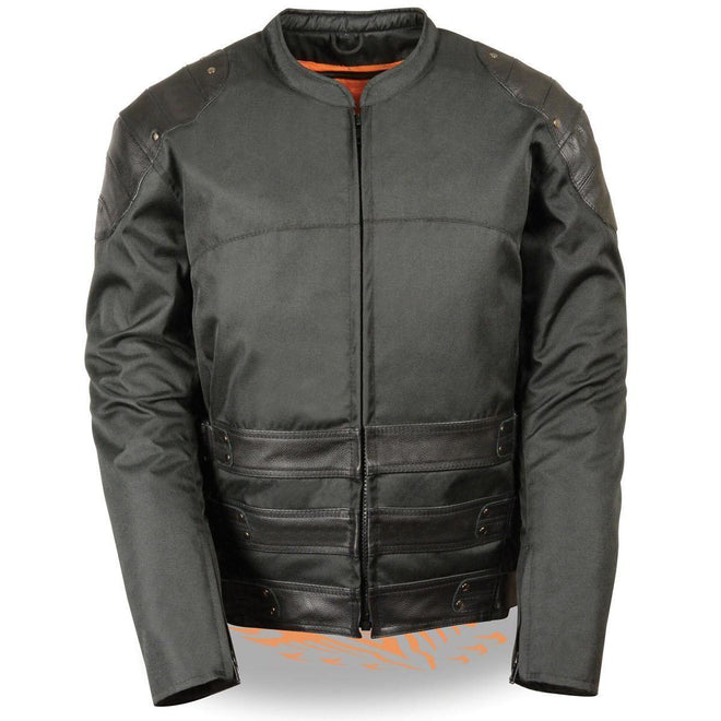 Milwaukee Leather men's assault style black leather and textile motorcycle jacket, featuring a sleek design and protective features