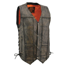 Milwaukee Leather men's roulette distressed brown motorcycle leather vest with 10 pockets, front zipper, and rugged style.