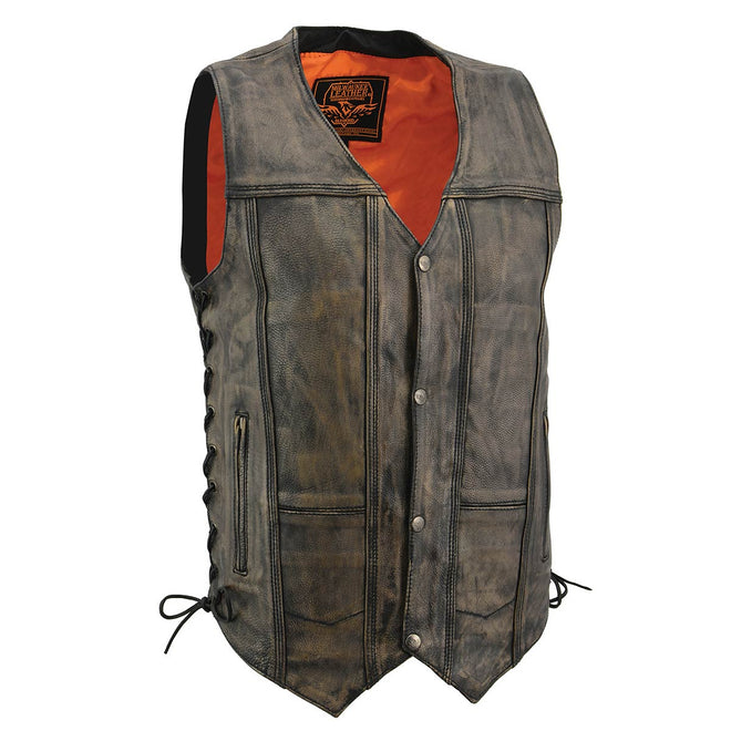 Milwaukee Leather men's roulette distressed brown motorcycle leather vest with 10 pockets, front zipper, and rugged style.