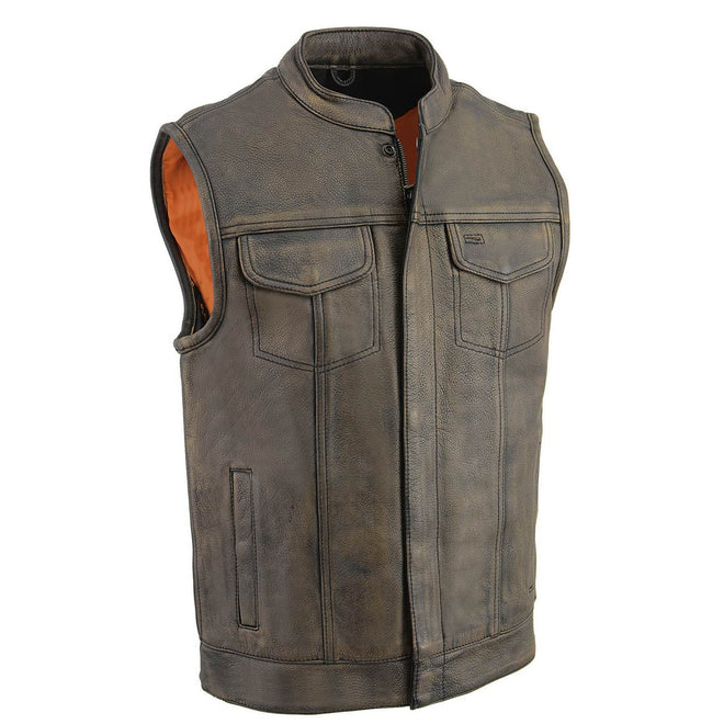 Milwaukee Leather men's beige and black naked leather club style vest with dual closure and open neck, motorcycle vest design