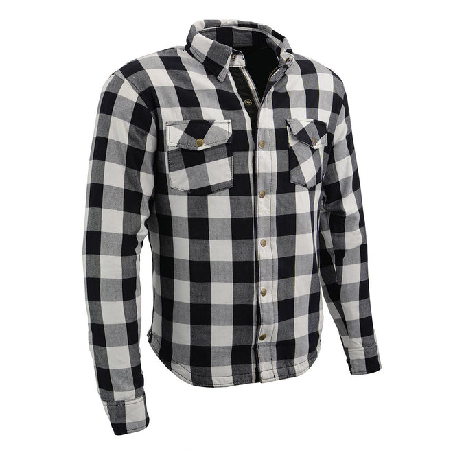 Milwaukee Leather men's plaid flannel biker shirt with CE-approved armor and reinforced aramid fiber for protection.