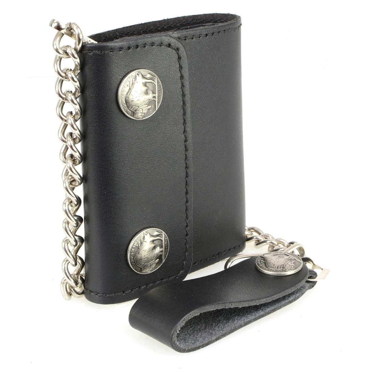 Milwaukee Leather men's 4-inch leather biker wallet with buffalo nickel snaps and anti-theft stainless steel chain.