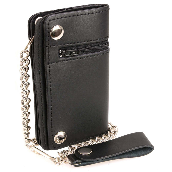 Milwaukee Leather men's black 6-inch biker wallet with outer pocket and anti-theft stainless steel chain, bi-fold design.