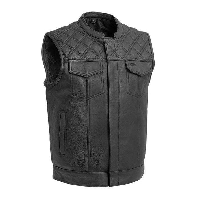 Men's black club style leather vest by FIRST MFG, featuring a sleek design and classic men's vest style for casual or club wear.