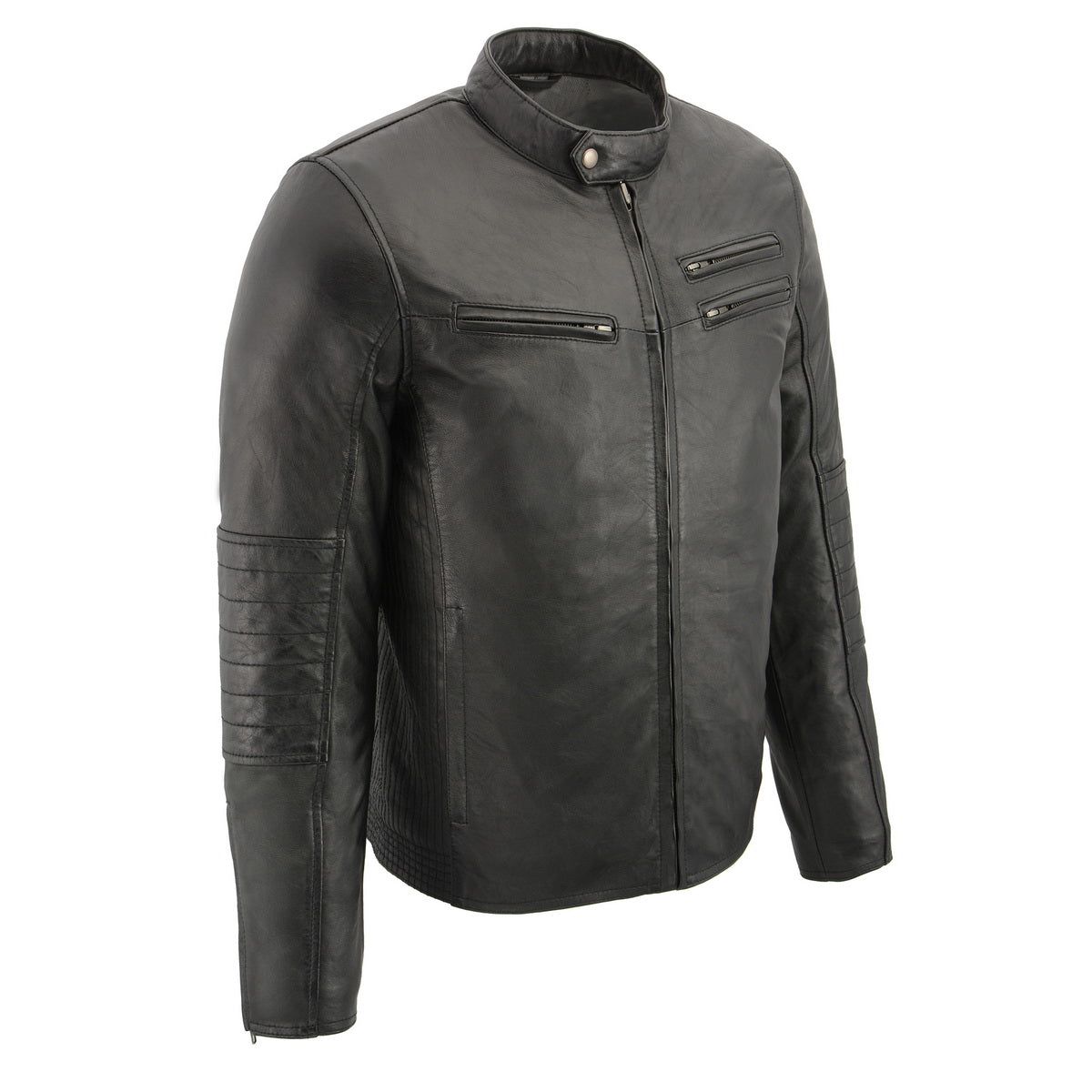 Milwaukee Leather men's black Euro collar cafe style leather jacket, front view showing classic design and premium leather material.