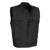 Milwaukee Leather men's black waxy coated denim vest with club style design, featuring a sleeveless cut and metal button details.