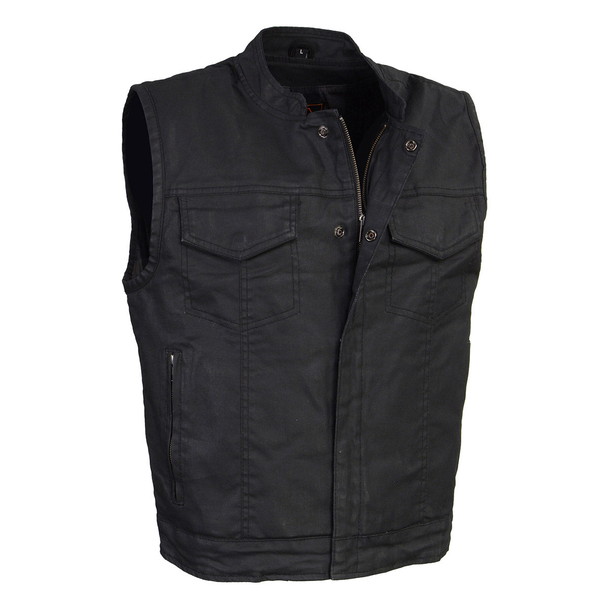 Milwaukee Leather men's black waxy coated denim vest with club style design, featuring a sleeveless cut and metal button details.