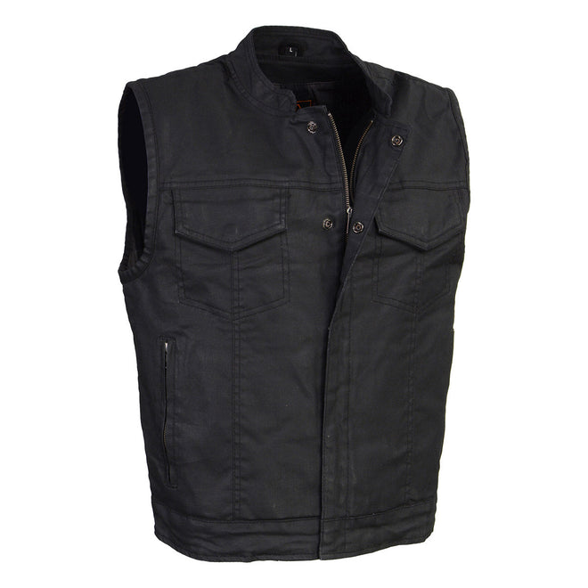 Milwaukee Leather men's black waxy coated denim vest with club style design, featuring a sleeveless cut and metal button details.