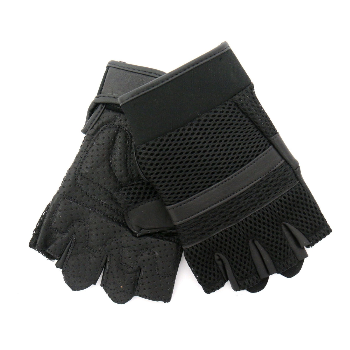 Black leather and mesh fingerless gloves for men by Hot Leathers, stylish and durable motorcycle accessories.